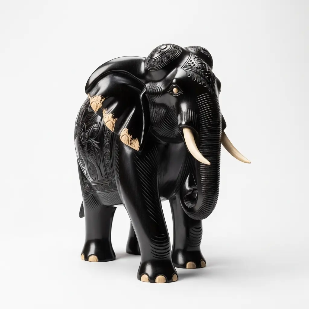 Hand-Carved Ebony Wood African Elephant Sculpture